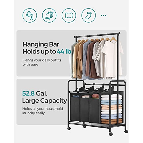 4-Bag Rolling Laundry Sorter with Hanging Bar Heavy-Duty Wheels Larger Bags Black Polyester