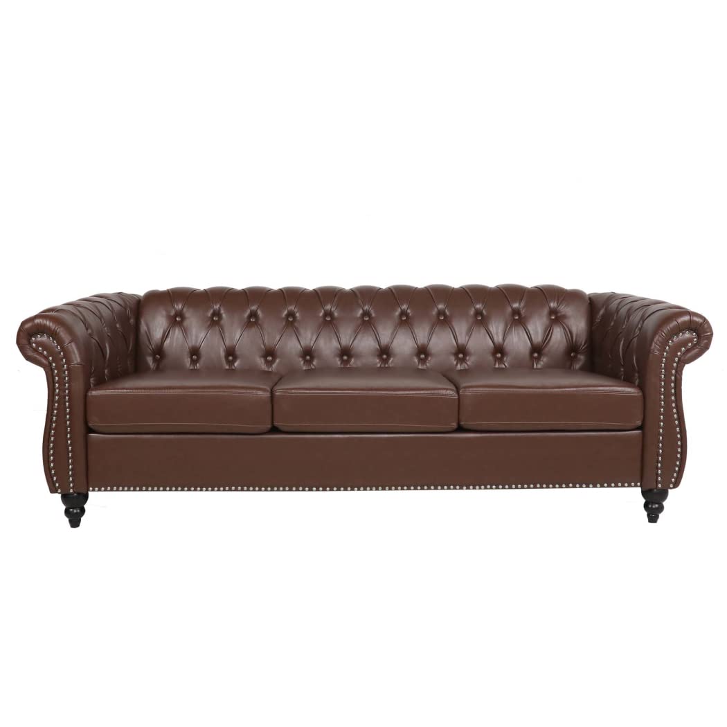 Yuxuanhang 84" Chesterfield Couch PU Leather, Modern Rolled Arm Tufted Back 3 Seater Sofa, Upholstery Nailhead Trim Couches for Living Room Office (Dark Brown)