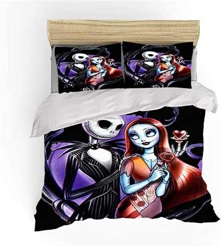 Ankeyoo Nightmare Christmas Bedding Set Valentine's Day Decor Gifts Present Jack Skellington Sally Bed Comforter Cover 1PC Duvet Cover with 2PCS Pillowcases (Full)