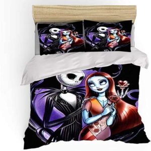 Ankeyoo Nightmare Christmas Bedding Set Valentine's Day Decor Gifts Present Jack Skellington Sally Bed Comforter Cover 1PC Duvet Cover with 2PCS Pillowcases (King (U.S. Standard))