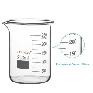 stonylab Glass Beaker, 1 Pack Borosilicate Glass Graduated Low Form Griffin Beaker with Pouring Spout Lab Beaker, 250 ml