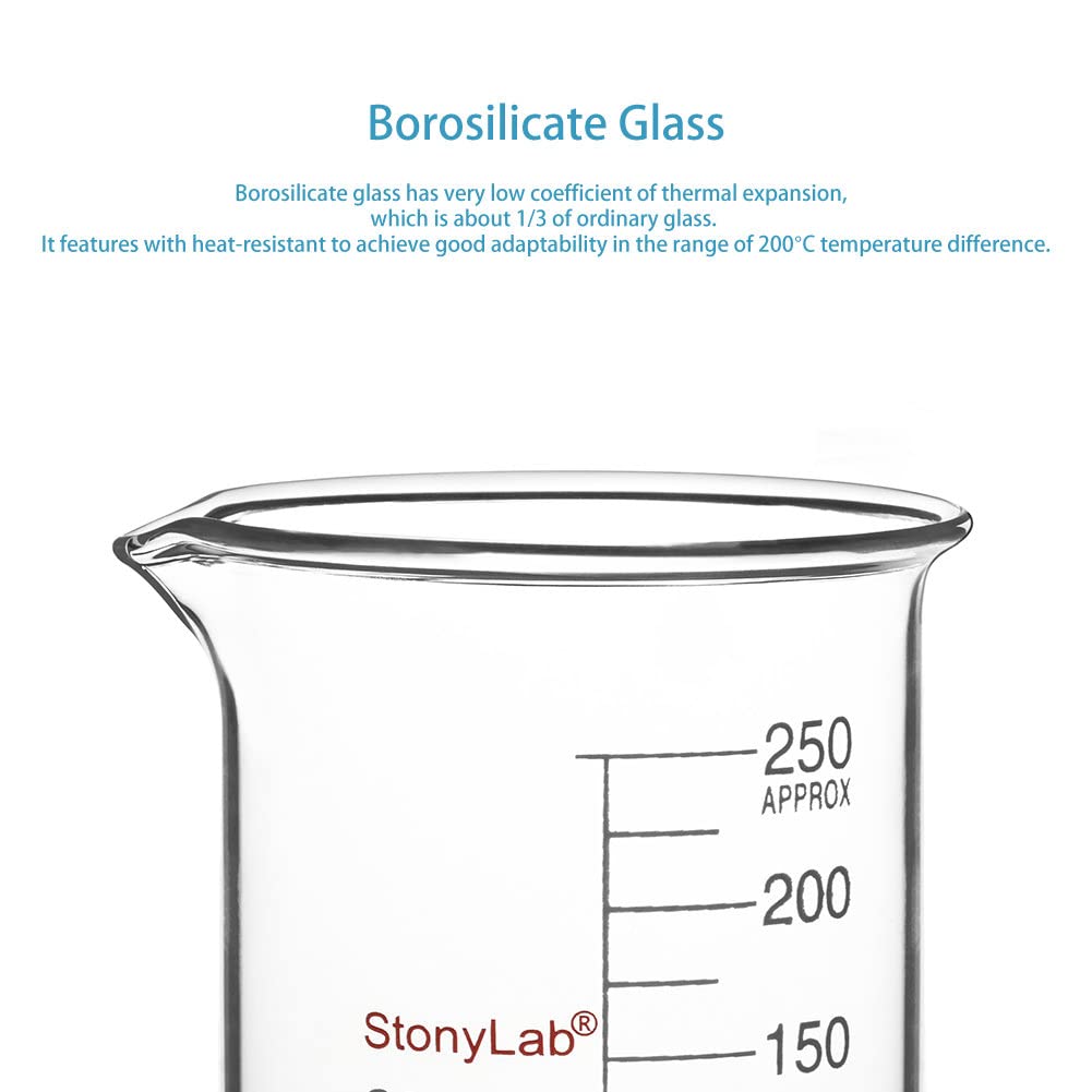 stonylab Glass Beaker, 1 Pack Borosilicate Glass Graduated Low Form Griffin Beaker with Pouring Spout Lab Beaker, 250 ml