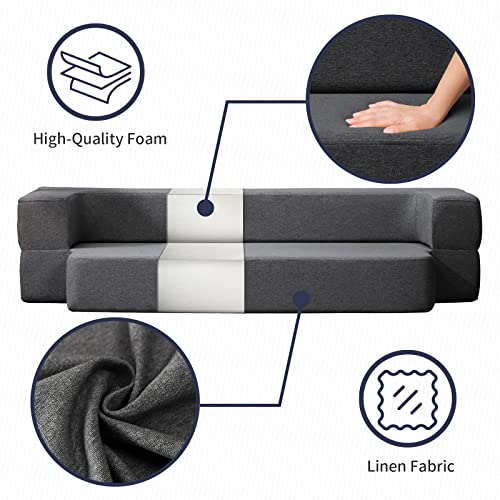 ZAFLY Queen Folding Sofa Couch Bed,8.6" Flip Out Sofa Bed,Convertible Sleeper Sofa Bed,Comfy Floor Couch Bed,Futon Sofa Bed Memory Foam Mattress,Linen Fabric Small Couches for Small Spaces,Dark Grey