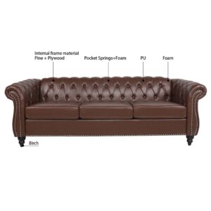 Yuxuanhang 84" Chesterfield Couch PU Leather, Modern Rolled Arm Tufted Back 3 Seater Sofa, Upholstery Nailhead Trim Couches for Living Room Office (Dark Brown)