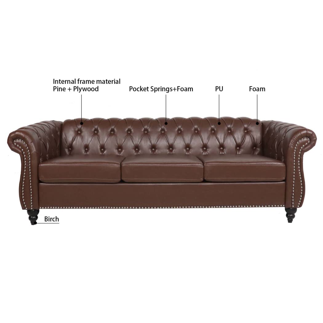 Yuxuanhang 84" Chesterfield Couch PU Leather, Modern Rolled Arm Tufted Back 3 Seater Sofa, Upholstery Nailhead Trim Couches for Living Room Office (Dark Brown)