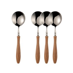 soup spoons, 4 pieces 18/8 stainless steel round spoons dinner spoons with wood handle, flatware silverware eating utensils table spoons for home kitchen, mirror polish, 7.28-inch