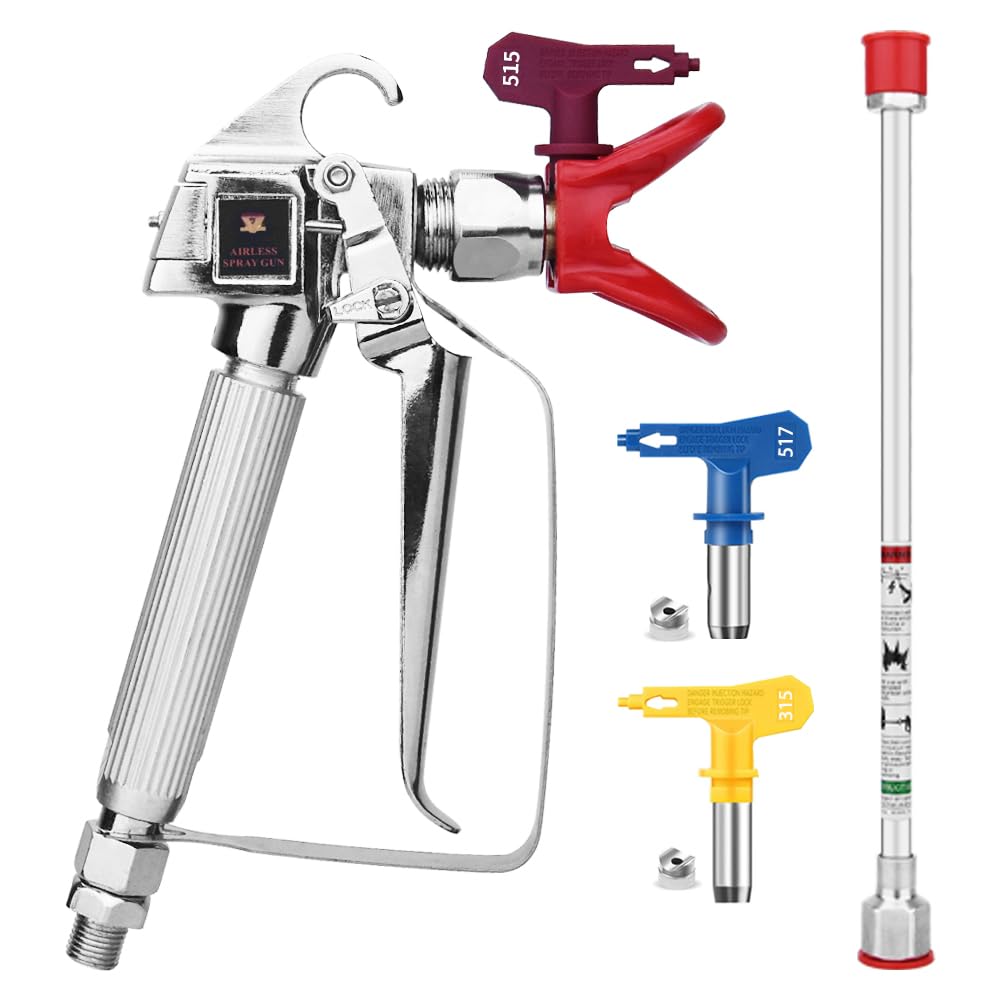 JXZSJ 3600PIS Airless Spray Gun High Pressure with 517 Tip, 315Tip, 515Tip and Tip Guard,Spray Gun fit More Paint Sprayers、+12 inch Extension Rod