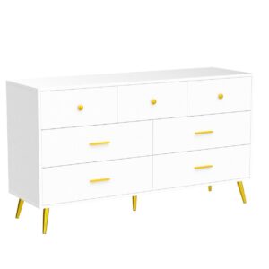 Fushimuma White Dresser for Bedroom, 7 Drawer Dresser with Charging Station, Wood Chest of Drawers with Gold Handles, Modern Dressers & Chests of Drawers for Living Room, Hallway