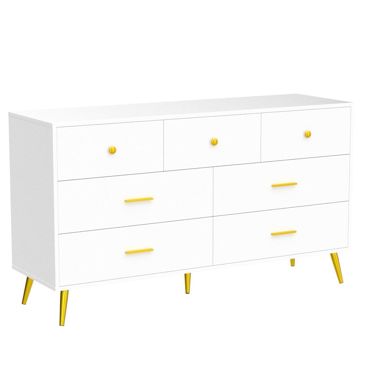 Fushimuma White Dresser for Bedroom, 7 Drawer Dresser with Charging Station, Wood Chest of Drawers with Gold Handles, Modern Dressers & Chests of Drawers for Living Room, Hallway