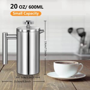 Meelio Small French Press Coffee Maker 600ml, Double-Wall Insulated French Press Coffee Press Stainless Steel for travel camping, Included 2 Extra Fliters and 1 Coffee Spoon (2-4cup, 20 OZ)