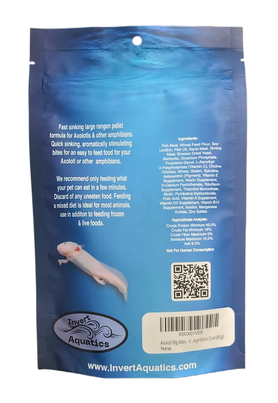 Invert Aquatics Axolotl Big Bites - Fast Sinking, Soft Pellet Daily Diet for Axolotls, Newts, Salamanders & Other Amphibians (3 oz (85g))