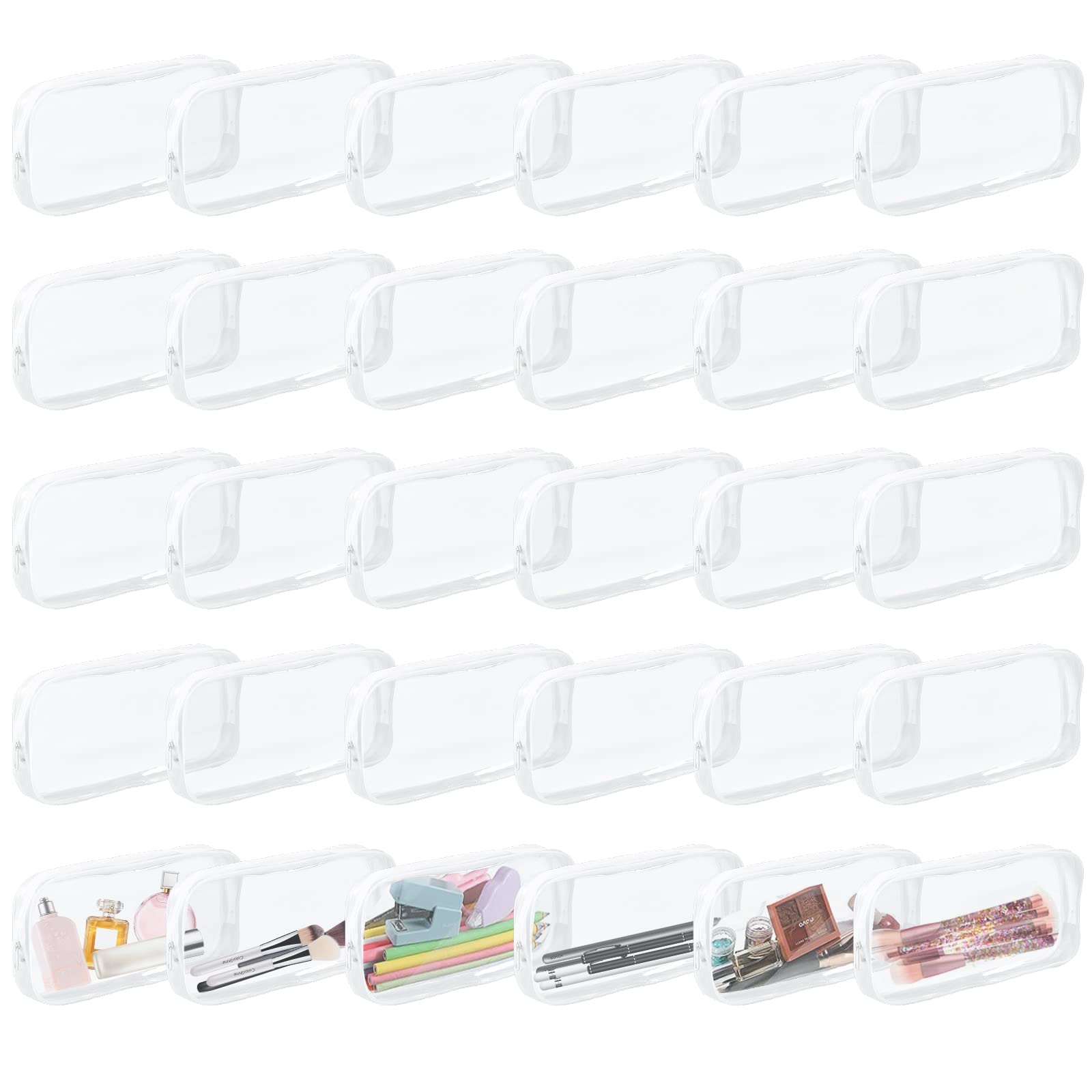 Odowalker 30 Pcs Clear PVC Zipper Pencil Bag, Zippered Toiletry Carry Pouches, Clear Pencil Case,Toiletries Exam Pen Pencil Pouch Case Makeup Pouch for Office Stationery School and Travel, White