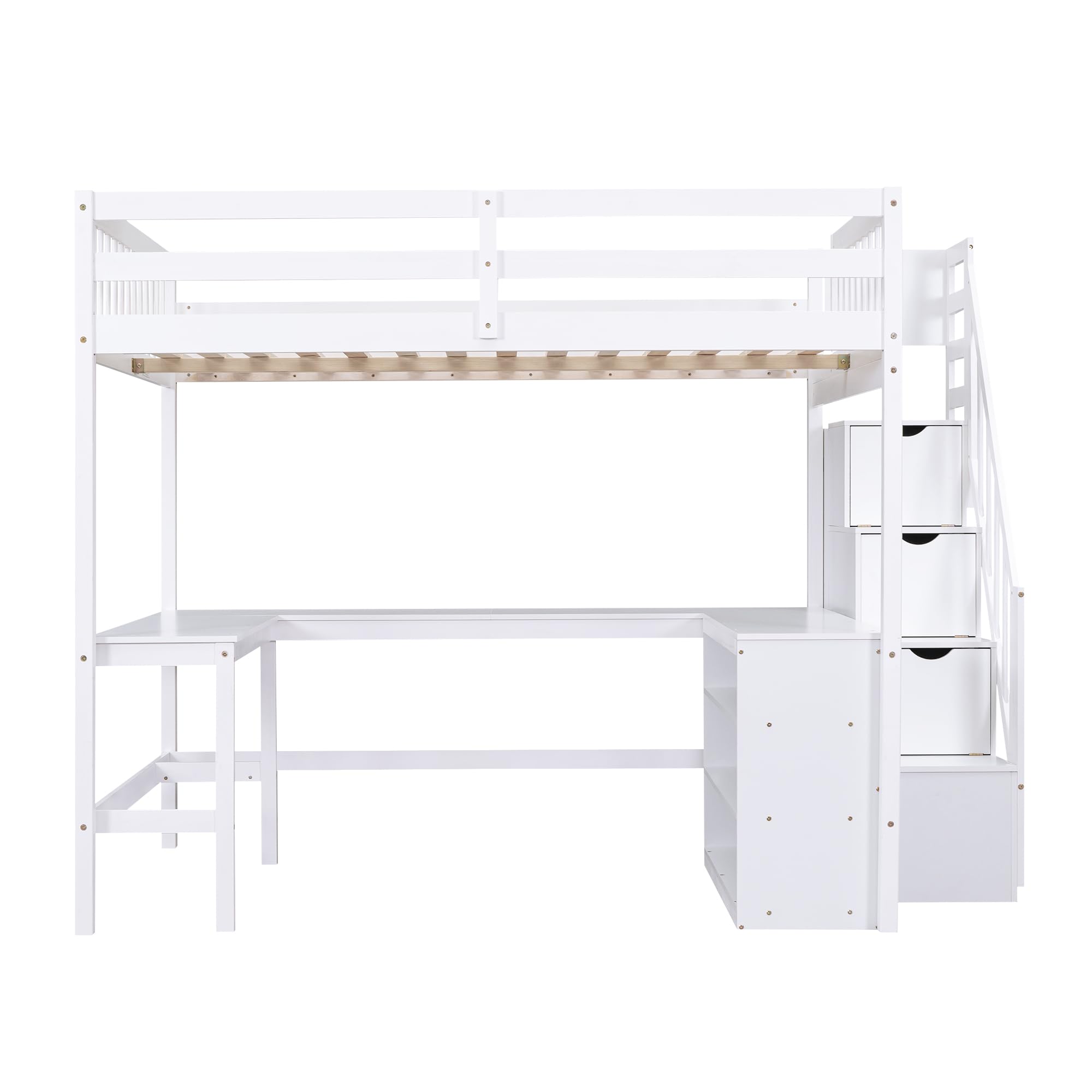 Bellemave Full Loft Bed with Stairs and Desk Wood Beds Storage Bookcase High Frame Shelves & L-Shape for Kids, Juniors, Teen, Boys, Girls, White