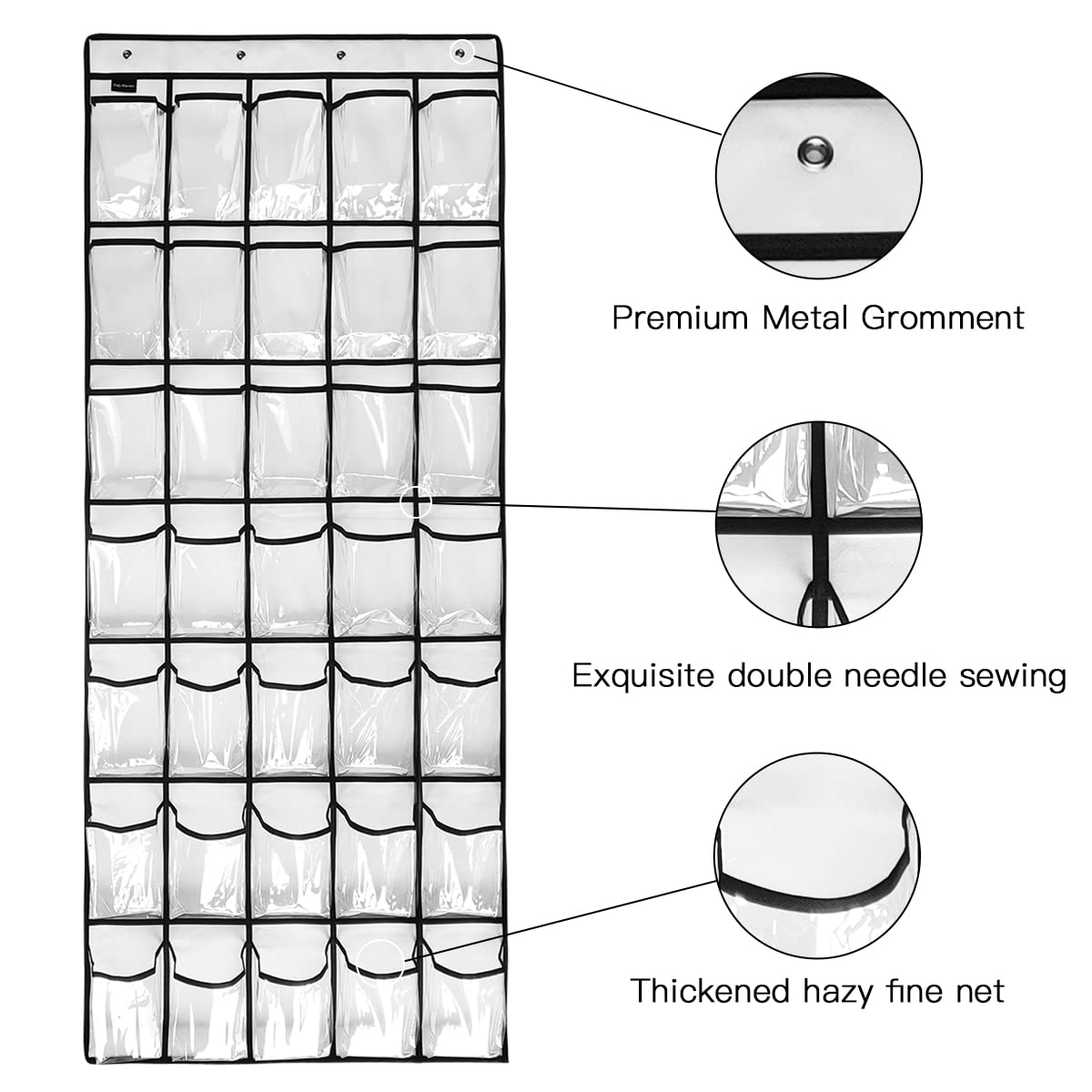 TidyMaster Clear Crystal 2 Pack 35 Pockets Large Hanging Shoe Organizer Over The Door Shoe Rack for Closet Door Storage Shoe Holder Hanger, 8+8Hooks, white