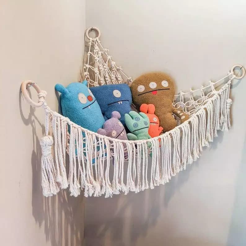 GUZLI Stuffed Animal Hammock Toy Net Plush Toy Hanging Organizer with Macrame Tassels Stuffed Animal Holder Display Corner Boho Large Storage Mesh Net for Playroom Bedroom