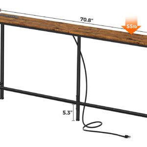 SUPERJARE 70 Inch Console Table with Outlet, Sofa Table with Charging Station, Narrow Entryway Table, Skinny Hallway Table, Behind Couch Table, for Living Room, Rustic Brown