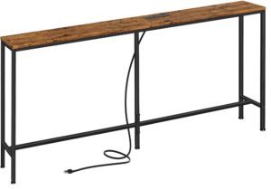 superjare 70 inch console table with outlet, sofa table with charging station, narrow entryway table, skinny hallway table, behind couch table, for living room, rustic brown