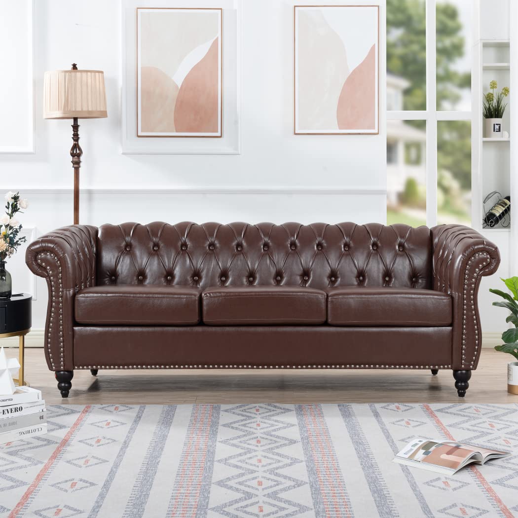 Yuxuanhang 84" Chesterfield Couch PU Leather, Modern Rolled Arm Tufted Back 3 Seater Sofa, Upholstery Nailhead Trim Couches for Living Room Office (Dark Brown)