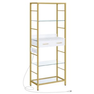 hoobro 5 tier bookcase with charging station, white and gold bookshelf with drawer, storage shelves, tempered glass bookshelf with metal frame, open display shelves for living room, gold dw65usj01