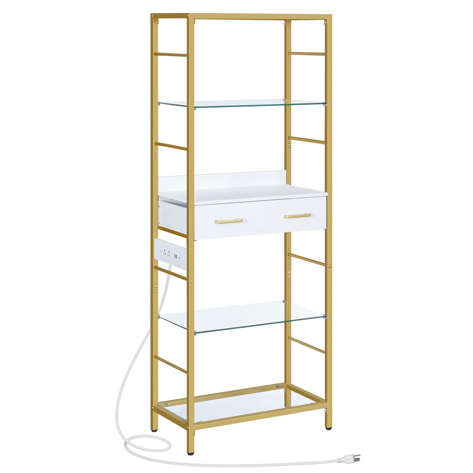 HOOBRO 5 Tier Bookcase with Charging Station, White and Gold Bookshelf with Drawer, Storage Shelves, Tempered Glass Bookshelf with Metal Frame, Open Display Shelves for Living Room, Gold DW65USJ01