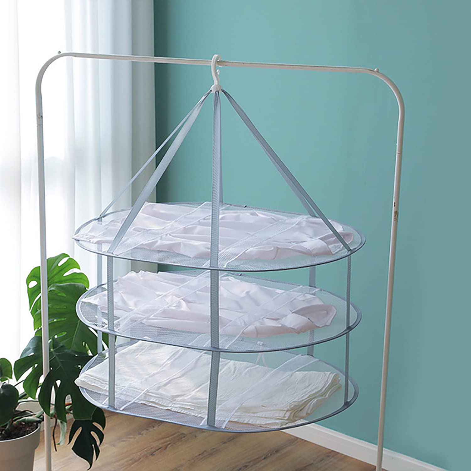 Foldable Hanging Mesh Dryer, Sweater Drying Rack 3-Tier Network Foldable Drying Basket Racks for Sweater,Toy,Socks, Feather Jacket,Outdoor, Indoor, Potable