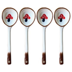 bicuzat vintage ramen soup spoons, ceramic asian soup spoons tablespoon, rice noodles dinner serving spoon, dessert spoon, ladles for pho miso cereal sauce gravy condiment, 4 pcs-mushroom-6.6 inch