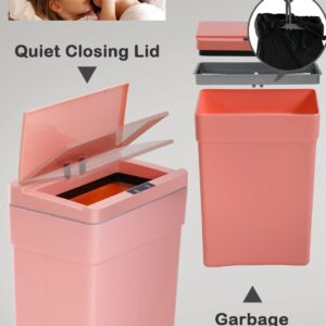 Trash Can 13 Gallon Plastic Automatic Trash Can with Lid for Bedroom Bathroom Home Office Garbage Can Trash Bin Touchless Trash Can Sensor Trash Can Electric Trash Can 50 Liter，Pink