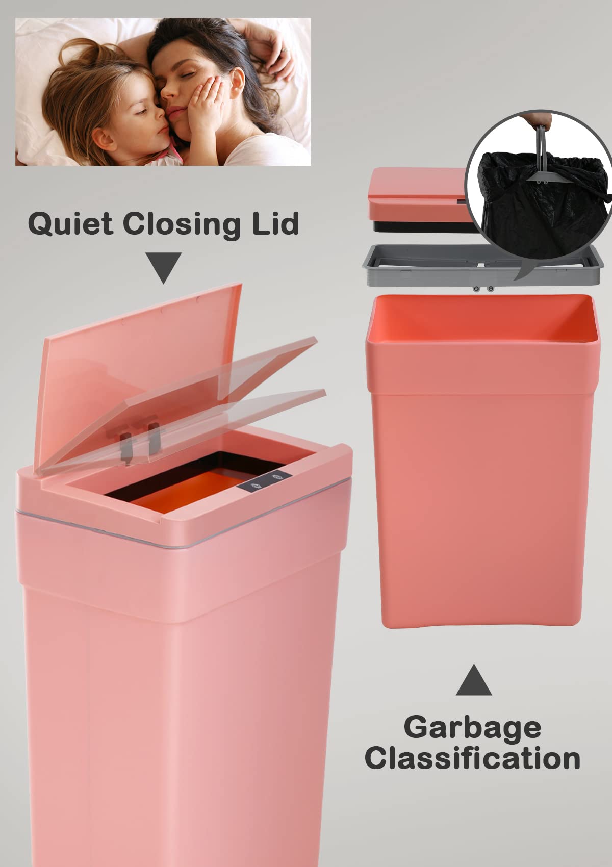 Trash Can 13 Gallon Plastic Automatic Trash Can with Lid for Bedroom Bathroom Home Office Garbage Can Trash Bin Touchless Trash Can Sensor Trash Can Electric Trash Can 50 Liter，Pink