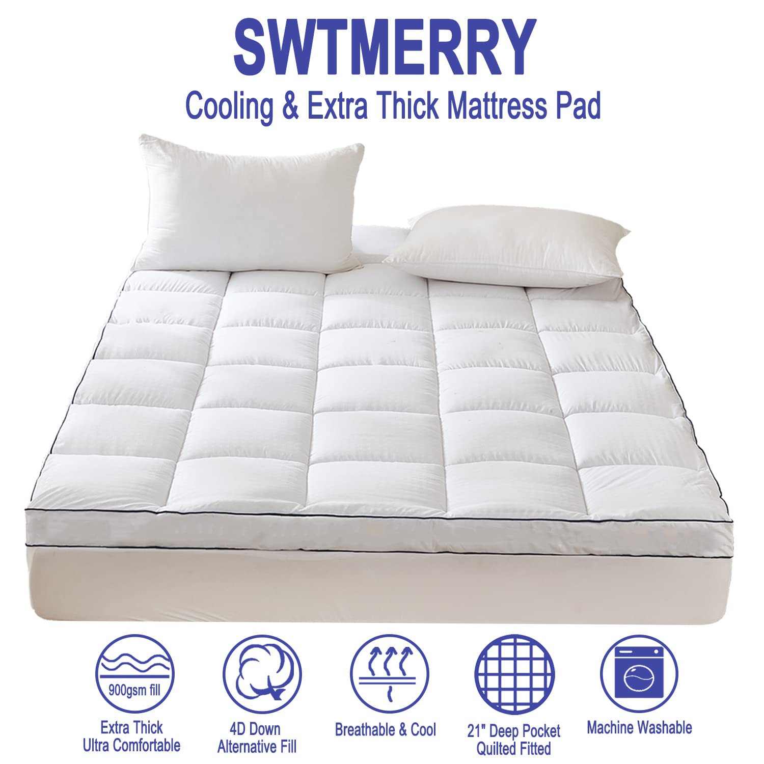 SWTMERRY Queen Size Mattress Pad Topper - Extra Thick Quilted Fitted Mattress Protector Pillow Cotton Top with 21" Deep Pocket for 8-24 inches Mattress,Soft and Breathable Bed Topper Cover