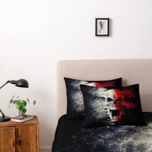 Holiyjog 3D Skull Pattren Duvet Cover Set King Size Red Smoke Background Bedding Set Halloween Comforter Cover Cool Bedroom Decor