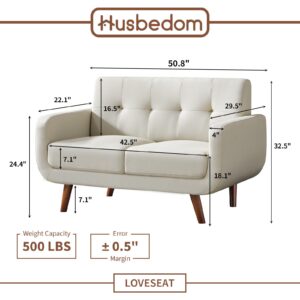 Husbedom 51 Inches Loveseat Sofa, Mid-Century Modern Mini Couch with Tufted Back for Small Living Room, Bedroom,Apartment, Dorm,Track Arms, Wooden Legs, Easy Assembly, Beige