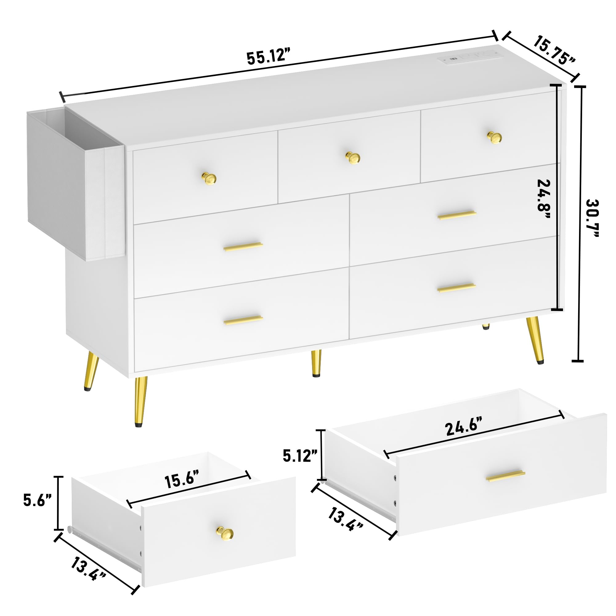 Fushimuma White Dresser for Bedroom, 7 Drawer Dresser with Charging Station, Wood Chest of Drawers with Gold Handles, Modern Dressers & Chests of Drawers for Living Room, Hallway