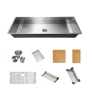 kbfmore 58 inch stainless steel undermount workstation kitchen sink with rolling up grid, bottom grid, strainer kit, colander, two colander, and two bamboo cutting board