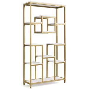 Tribesigns Bookcases and Bookshelves, 71” Tall Bookshelf with Metal Frame, Freestanding Geometric Bookcase with Open Display Shelf for Living Room, Bedroom, Home Office, White and Gold