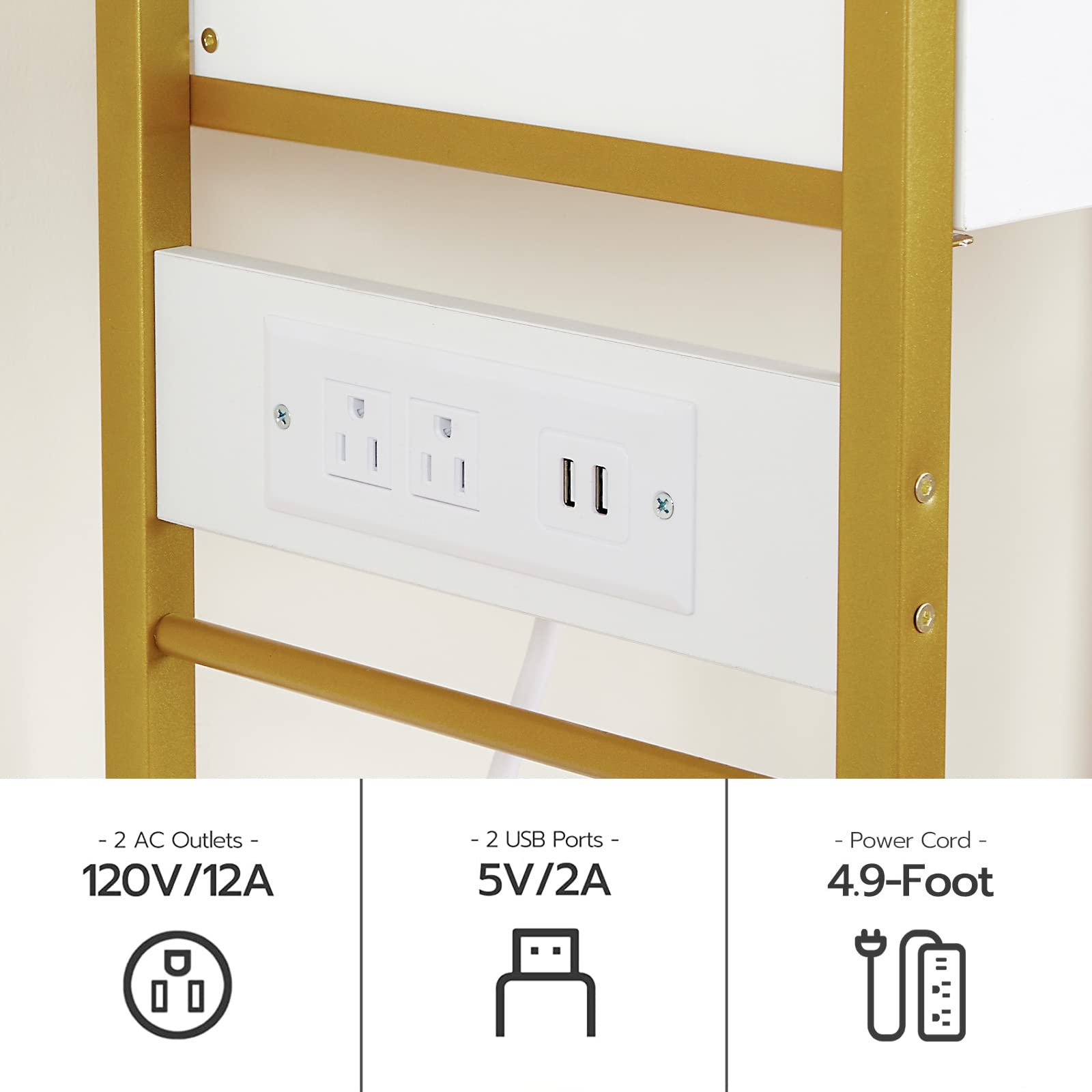 HOOBRO 5 Tier Bookcase with Charging Station, White and Gold Bookshelf with Drawer, Storage Shelves, Tempered Glass Bookshelf with Metal Frame, Open Display Shelves for Living Room, Gold DW65USJ01