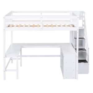 Bellemave Full Loft Bed with Stairs and Desk Wood Beds Storage Bookcase High Frame Shelves & L-Shape for Kids, Juniors, Teen, Boys, Girls, White