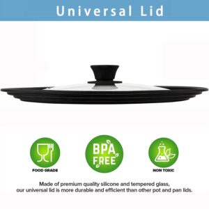 Universal Lid for Pots, Pans and Skillets - Tempered Glass with Heat Resistant Silicone Rim and Heat Resistant Handle Fits 6.5", 7" and 8" Diameter Cookware, Black