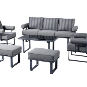 ovios Patio Furniture Set 6 Pieces Outdoor Aluminum Sofa Couch with Coffee Table Ottomans Cushions High Back Sofa All Weather Conversation Set, Black-Grey Stripe