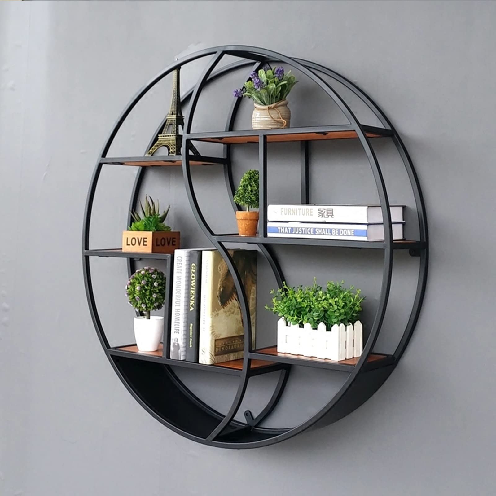 Drsyffsup Round Wall Floating Shelves ，Industrial Metal Wall Decoration Storage Shelf with Wood Board,Display Wine Rack Flower Pot Stand for Bedroom Living Room (Size : 68x16x68cm)