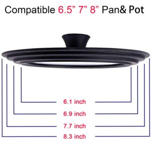 Universal Lid for Pots, Pans and Skillets - Tempered Glass with Heat Resistant Silicone Rim and Heat Resistant Handle Fits 6.5", 7" and 8" Diameter Cookware, Black