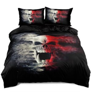 Holiyjog 3D Skull Pattren Duvet Cover Set King Size Red Smoke Background Bedding Set Halloween Comforter Cover Cool Bedroom Decor