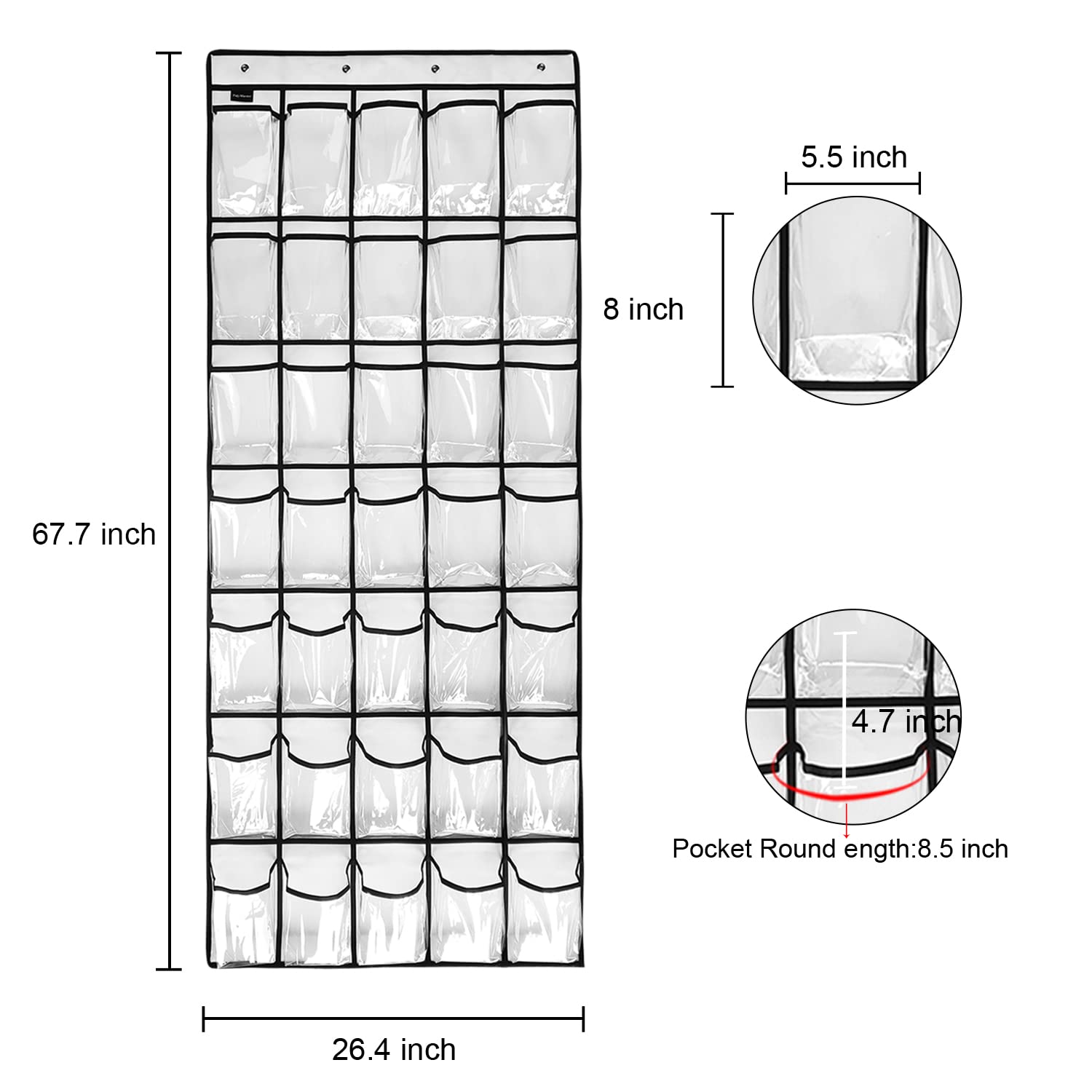 TidyMaster Clear Crystal 2 Pack 35 Pockets Large Hanging Shoe Organizer Over The Door Shoe Rack for Closet Door Storage Shoe Holder Hanger, 8+8Hooks, white