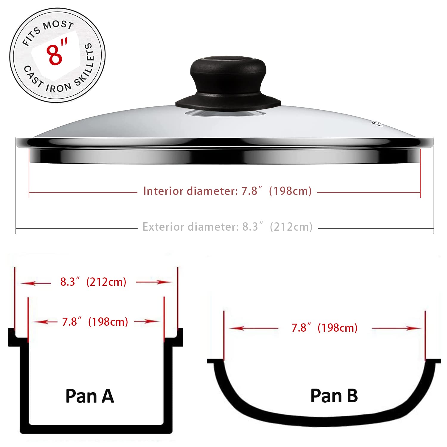 8 Inch Glass Lid for Frying Pan, Fry Pan, Skillet, Pan Lid Fits Lodge 8 Inch Cast Iron Skillets 8"/20cm, Clear