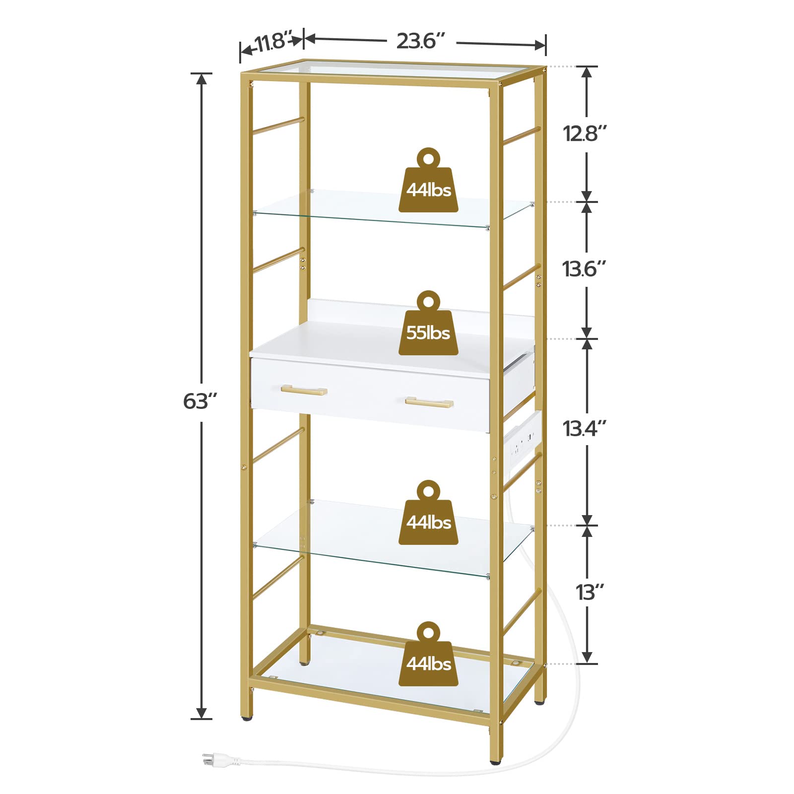 HOOBRO 5 Tier Bookcase with Charging Station, White and Gold Bookshelf with Drawer, Storage Shelves, Tempered Glass Bookshelf with Metal Frame, Open Display Shelves for Living Room, Gold DW65USJ01