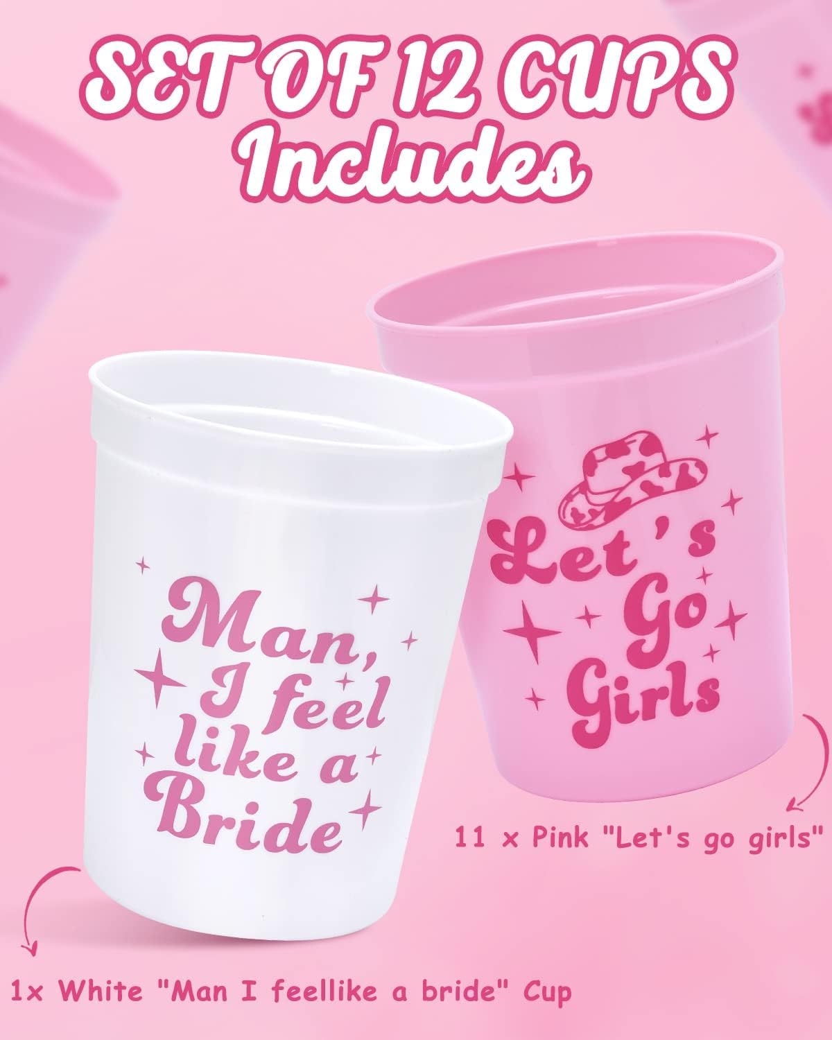 Nefelibata Bachelorette Party Cups - 12 Pack Let's Go Girls Reusable Cups Plastic Cowgirl Bridal Shower 70s Theme Retro Bachelorette Party Supplies Favors Decorations