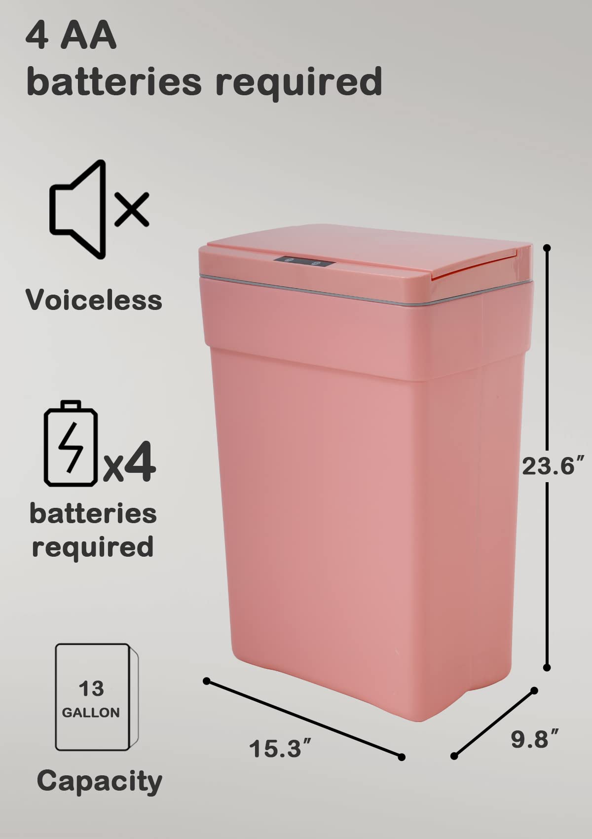 Trash Can 13 Gallon Plastic Automatic Trash Can with Lid for Bedroom Bathroom Home Office Garbage Can Trash Bin Touchless Trash Can Sensor Trash Can Electric Trash Can 50 Liter，Pink