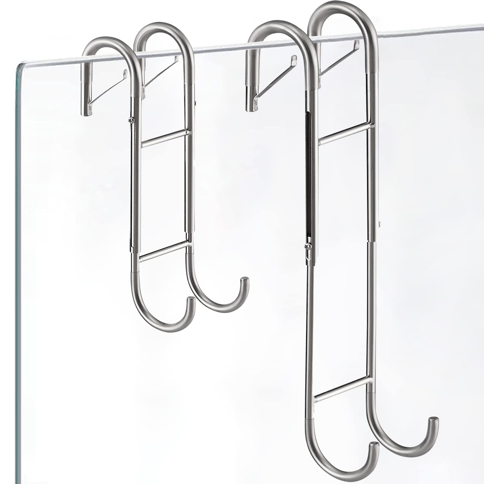 Shower Door Towel Hooks - 9"~13" Length Adjustable Hook for Framed & Frameless Over The Door Glass, Squeegee Holder, Towels Hanger for Bath Suits Rozer Robes Loofahs Shavers, 2-Pack Silver