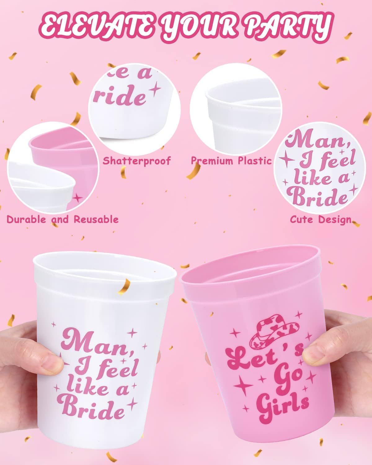 Nefelibata Bachelorette Party Cups - 12 Pack Let's Go Girls Reusable Cups Plastic Cowgirl Bridal Shower 70s Theme Retro Bachelorette Party Supplies Favors Decorations