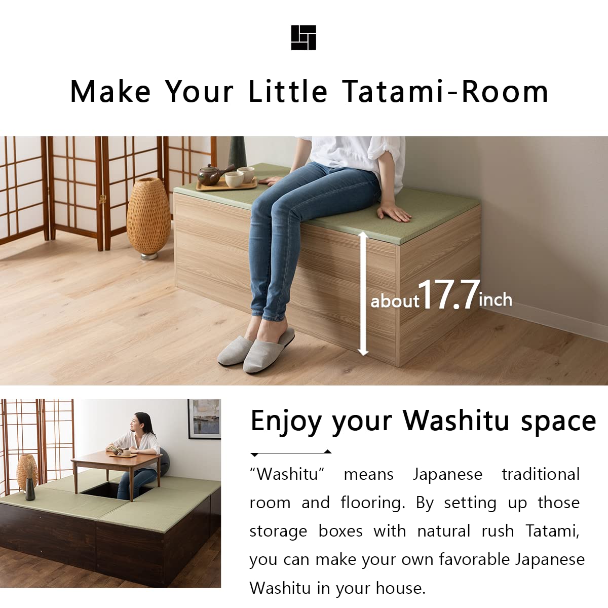 EMOOR Natural Tatami Storage Box Square (24x24in) (Oak), Wooden Furniture Rush Grass Japanese Lifestyle Igusa Slat