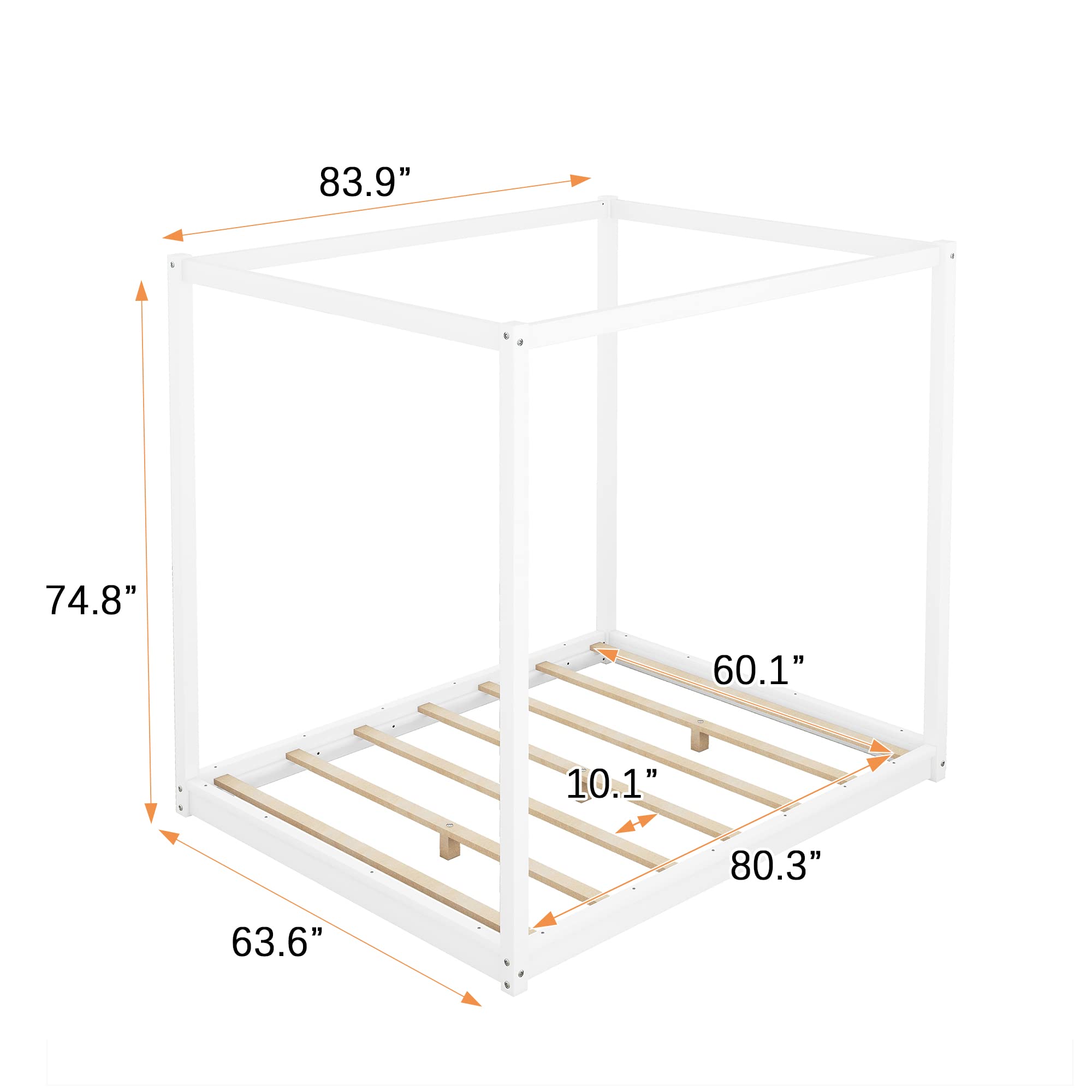 Bellemave 4-Poster Canopy Floor Bed Frame Queem Size Wood Low Profile Platform Beds with Wooden Slats Support, No Box Spring Needed, White, Queen